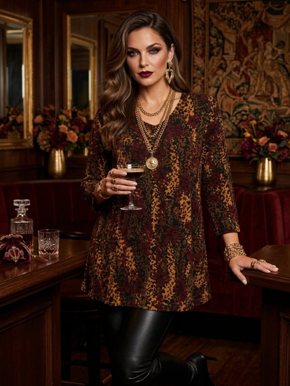 Sarah Bentley 3X Floral Boho Tunic Top Burgundy Rust Gold V-Neck Knit
